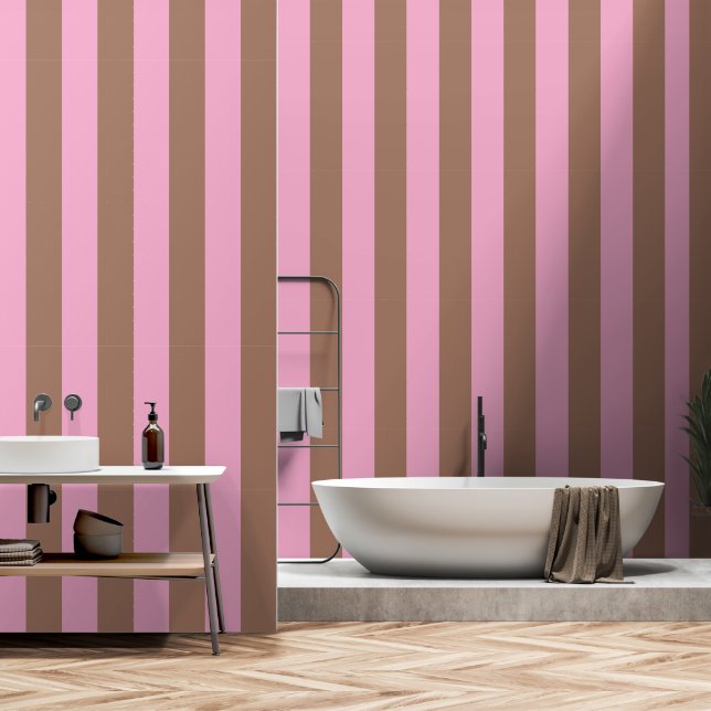 Papel Pintado Mocha marrón rayas rosadas modernas de moda (Baño)