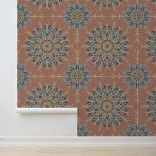 Papel Pintado Mocha Mousse Verde azulada Mandala Retro MidCentur