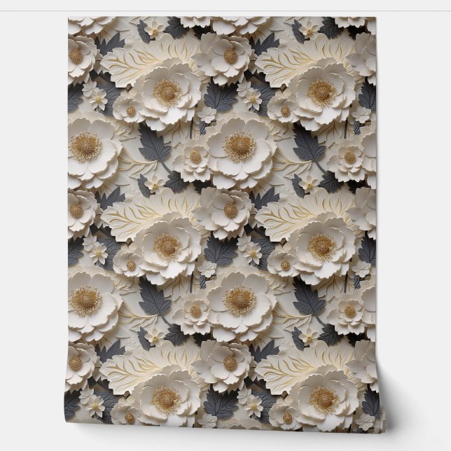 Papel Pintado Moda 3d flores blancas y doradas primavera floral (Desenrollar)