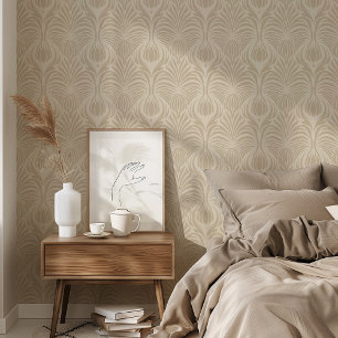 Papel Pintado Moda Art Deco Patrón de pluma floral Beige suave