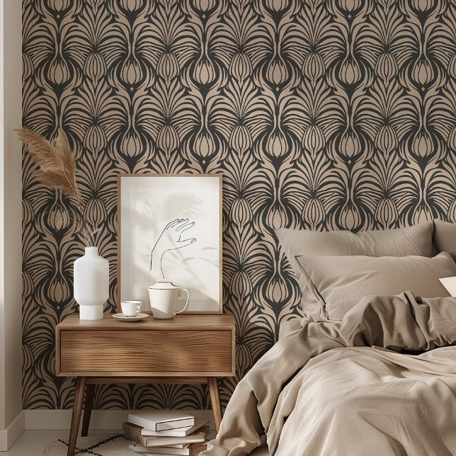 Papel Pintado Moda Art Deco Patrón de pluma floral Negro y Beige (Subido por el creador)