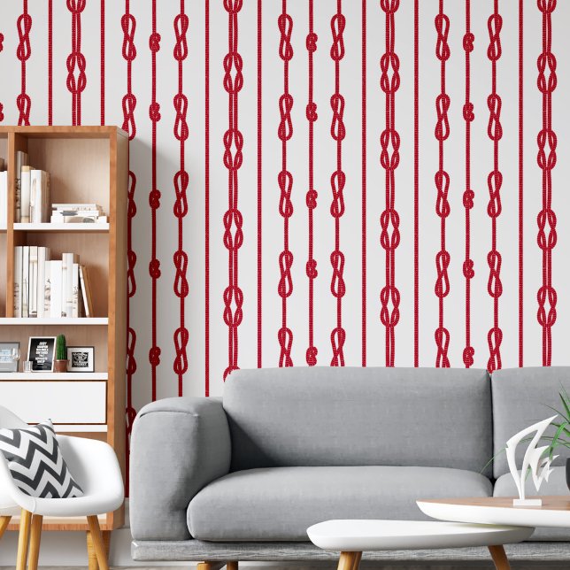 Papel Pintado Moda costera Impresión de cuerdas rojas y nudos de (Coastal chic Red rope and sailor's knots print Wallpaper)