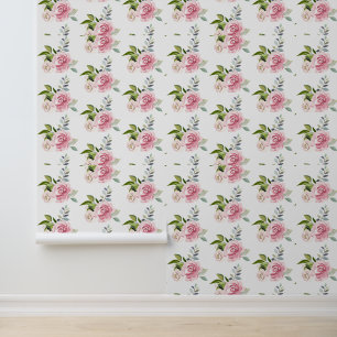 Papel Pintado Moda de color de agua de la vegetación floral rosa