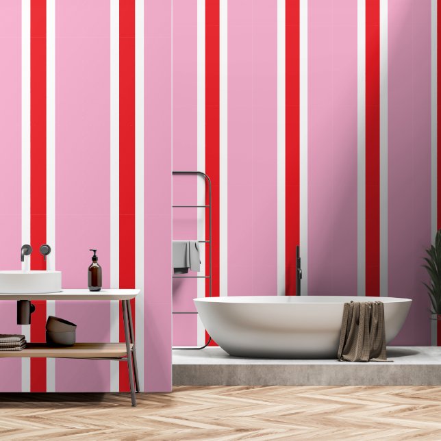 Papel Pintado Moda deportiva franjas de Carreras blanca rosa roj (Baño)