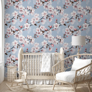 Papel Pintado Moda floral de cerezo rosa azul vivo