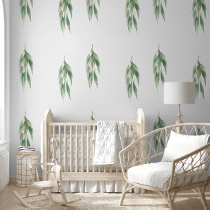 Papel Pintado Moda Hojas de Eucalipto Verde Blanco Verde Natural