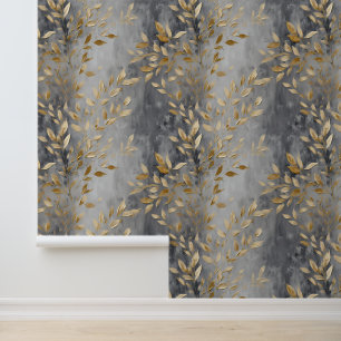 Papel Pintado Moda Hojas de oro Gris ahumadas