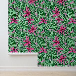 Papel Pintado Moda tropical hawaiana verde rosa floral botánica