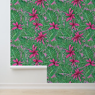 Papel Pintado Moda tropical hawaiana verde rosa floral botánica