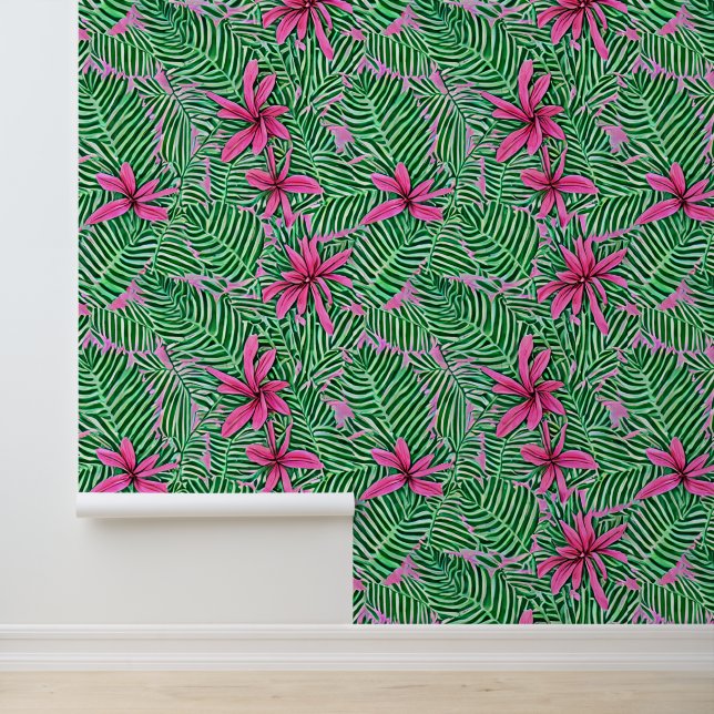 Papel Pintado Moda tropical hawaiana verde rosa floral botánica (Solicitud)