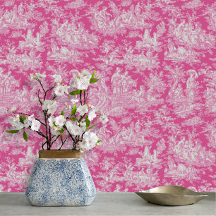 Papel Pintado Moda vintage rosa caliente toile de jouy impreso