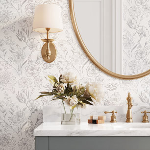 Papel Pintado Modelo de follaje floral de arte de la línea gris 