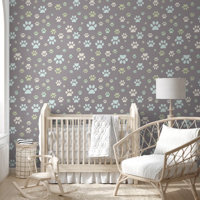 Papel Pintado Modern Mint & Grey Paw Print Nursery  (Niños)