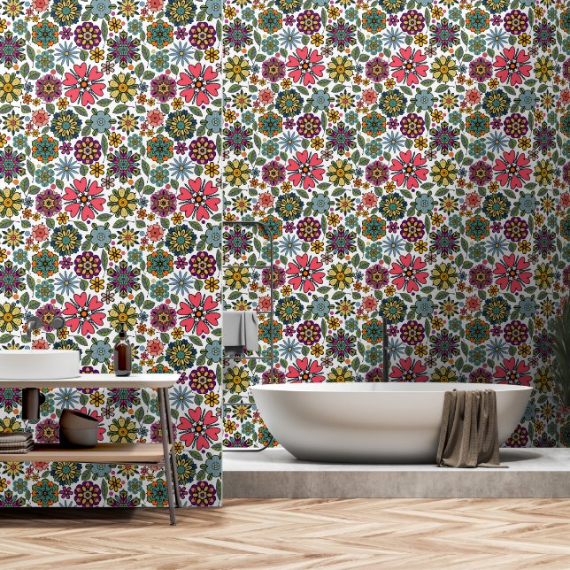 Papel Pintado Modern Retro Floral Drawing Seamless Pattern Art (Baño)