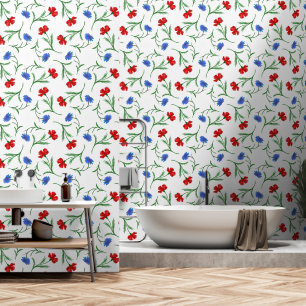 Papel Pintado Moderna Libertad Floral Azul Rojo y Blanco Cute Gi