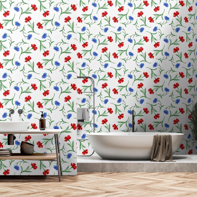 Papel Pintado Moderna Libertad Floral Azul Rojo y Blanco Cute Gi (Baño)