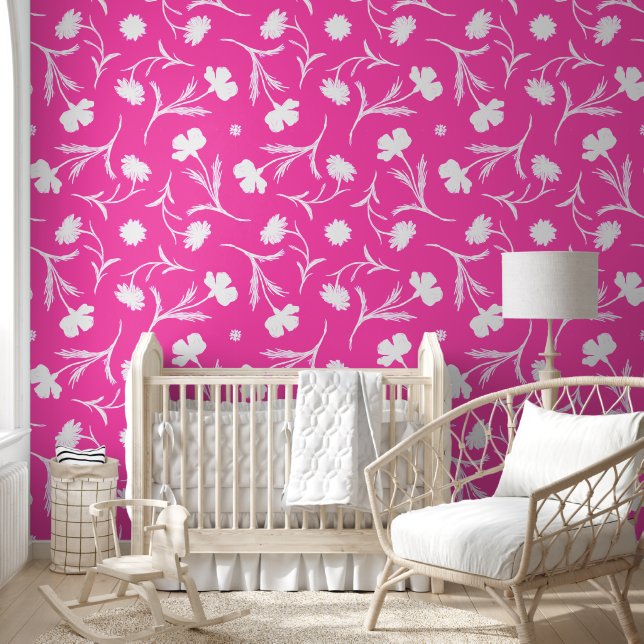 Papel Pintado Moderna libertad floral blanca y rosa caliente (Niños)