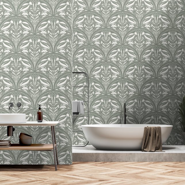 Papel Pintado Moderno Blanc Sage Green Boho Art Deco Shell (Baño)