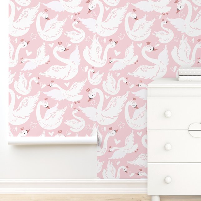 Papel Pintado Moderno y elegante salón de Chicas de guardería ro (Cute Swan Modern Elegant Pink Nursery Girl Room Wallpaper)