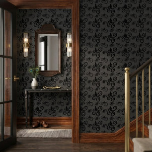 Papel Pintado Mono Floral Vintage Patrón Negro Lindo Gris Oscuro