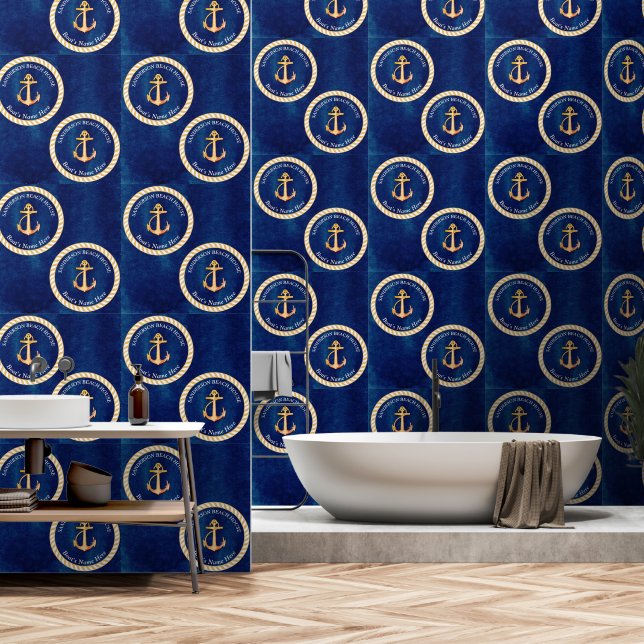 Papel Pintado Monograma del ancla de barco amarillo azul marino  (Baño)