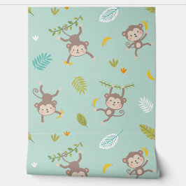 Papel Pintado Monos pequeños con bananas y hojas de menta