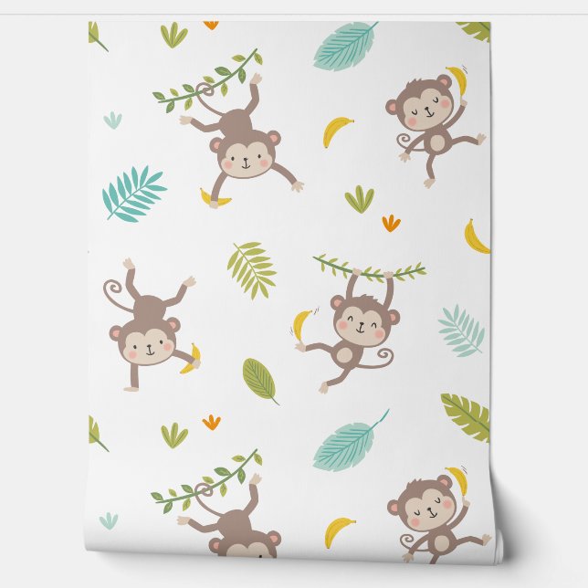 Papel Pintado Monos pequeños con bananas y hojas de selva (Desenrollar)