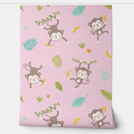 Papel Pintado Monos pequeños con bananas y hojas rosadas