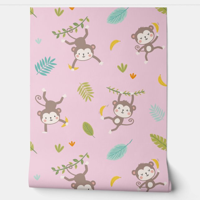 Papel Pintado Monos pequeños con bananas y hojas rosadas (Desenrollar)