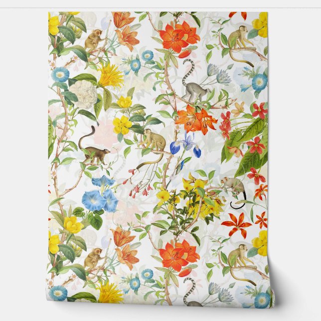 Papel Pintado Monos tropicales vintage Jardín Rococo Chinoiserie (Desenrollar)
