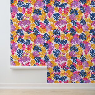 Papel Pintado Monstera tropical de verano rosa y azul