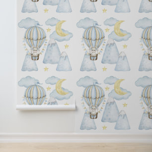 Papel Pintado Montañas Blue Hot Air Balloon Bunny Moon Clouds