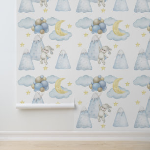 Papel Pintado Montañas Bunny Balloons Moon Star Cloud Boy