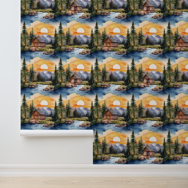 Papel Pintado Montañas de Creek Sunset de Woodland Forest Cabin (Solicitud)