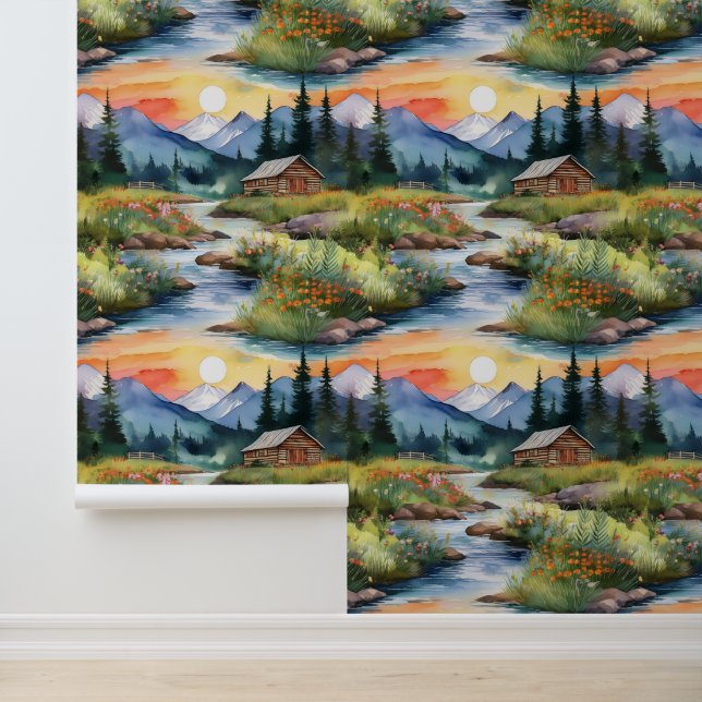 Papel Pintado Montañas Sunset Forest Woodland Pine Trees Creek (Solicitud)