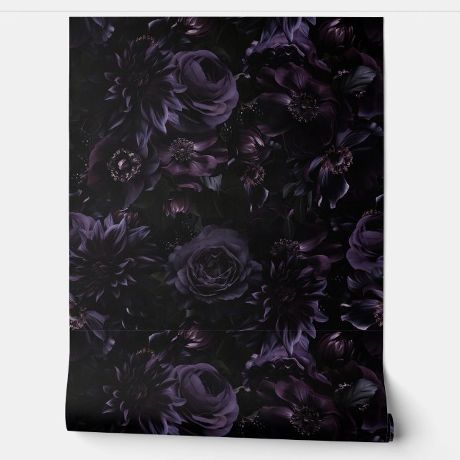 Papel Pintado Morado oscuro Moody Gothic Peonies Florals Noche W (Desenrollar)