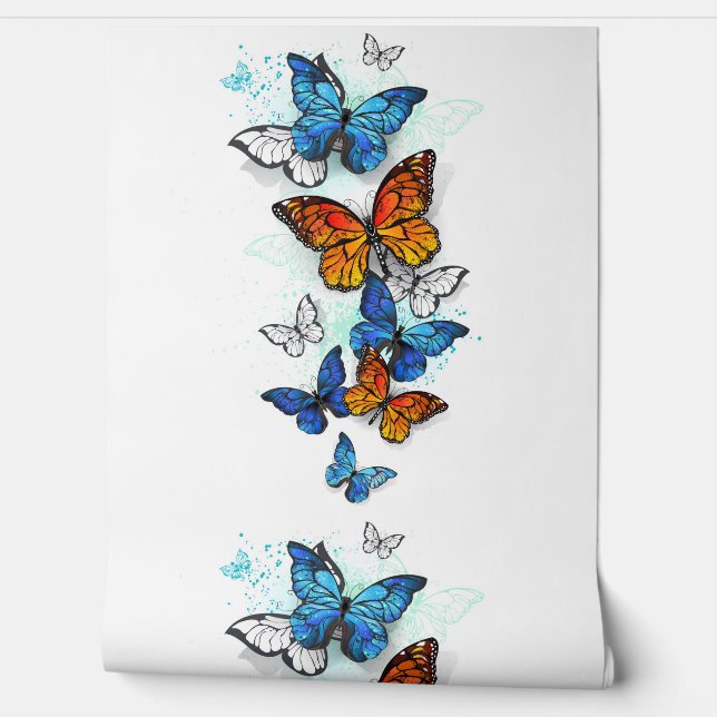 Papel Pintado Morfo y monarca de las mariposas voladoras (Desenrollar)