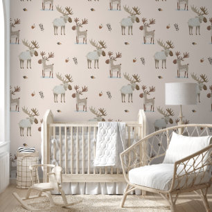 Papel Pintado Mosaico Acuarela Bosque Reno Boho Habitación Infan