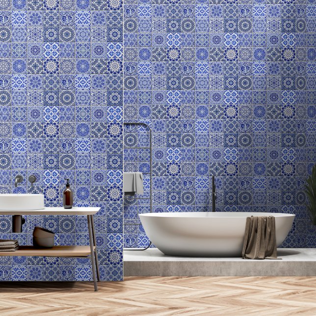 Papel Pintado Mosaico de baldosas azules - Estilo de cosecha de  (Baño)