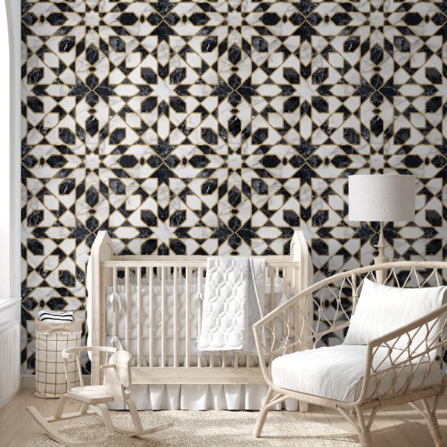 Papel Pintado Mosaico marroquí de mármol blanco y negro (Niños)