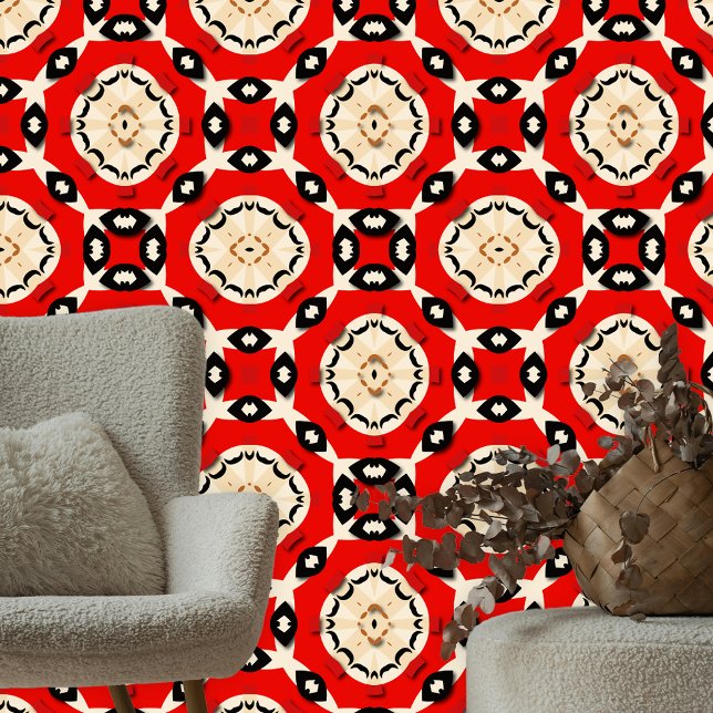 Papel Pintado Mosaico popular étnico beige rojo vibrante (Subido por el creador)
