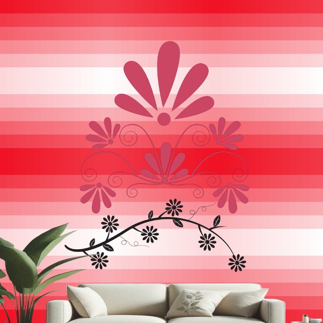 Papel Pintado Motivos Florales Decorativos Tiras Blancas Rojas P (Decorative Floral Motifs Red White Stripes Pastel Wallpaper)