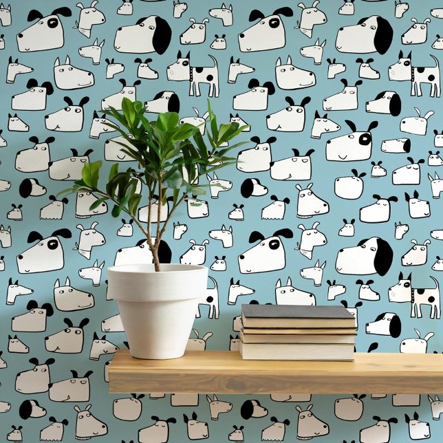 Papel Pintado Muchos perros garabatos dibujando azul Verde azula (Fun cartoon doodle dog teal blue green wallpaper for animal lovers)