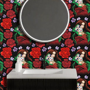 Papel Pintado Mujer Elegante Máscara Veneciana Rojo Verde