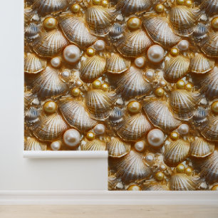 Papel Pintado Mural de perlas de Seashels patrón sin fisuras oro