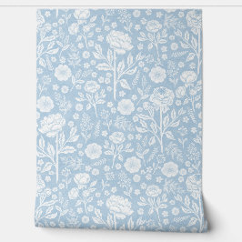 Papel Pintado Muted Blue Peonies & Roses Hand-Drawn Cottagecore
