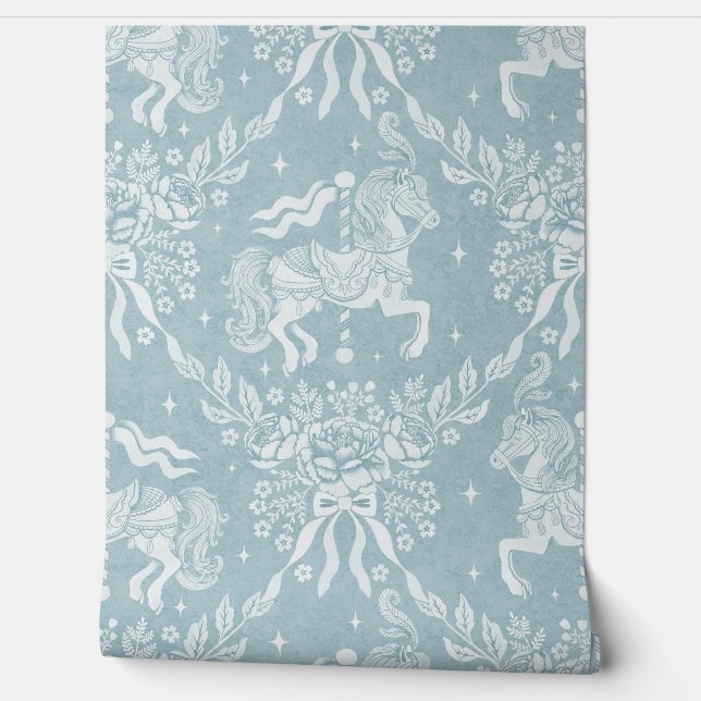 Papel Pintado Muted Blue Rococo Carousel Horses & Florals (Desenrollar)