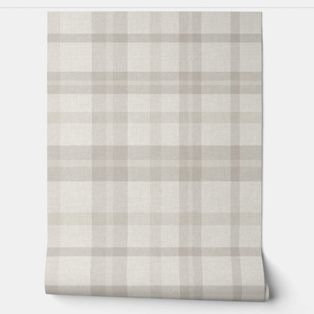 Papel Pintado Muted Farmhouse Beige Plaid w/ Linen Texture (Desenrollar)