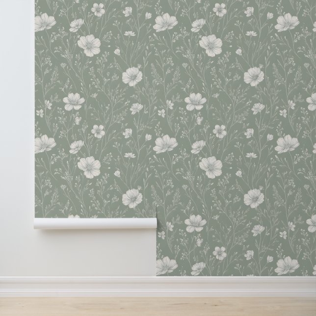 Papel Pintado Muted Sage Green And White Wildflower Pattern (Solicitud)