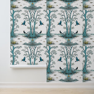 Papel Pintado Mystical Winter Creek con Aves Negras - Naturaleza